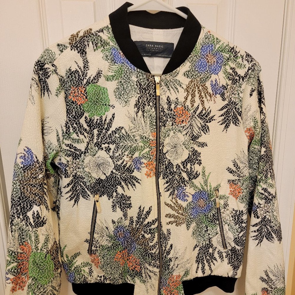 Zara Basic Bomber Jacket, White With Multicolor F… - image 1